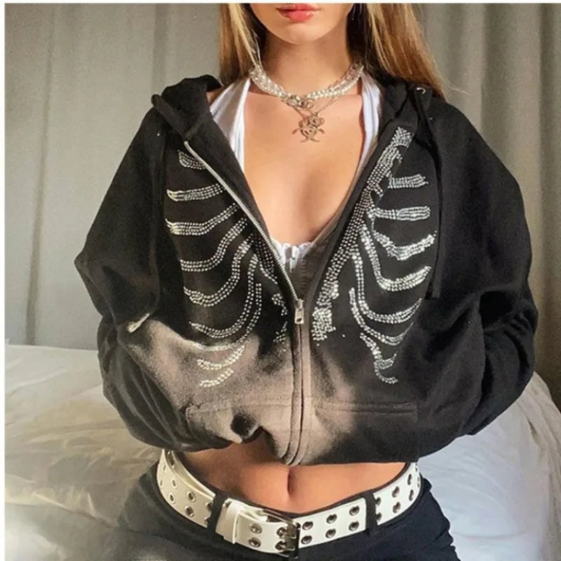 Y2K Rhinestone Skeleton Hoodies Women Gothic Black Zip Up Oversized Sweatshirts Female Retro Harajuku Hooded Jacket Streetwear Main image