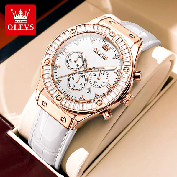 OLEVS 9978 Womens Watch Multifunctional Quartz Watch Waterproof Luminous Leather Strap Elegant Fashion Watches For Woman Gifts