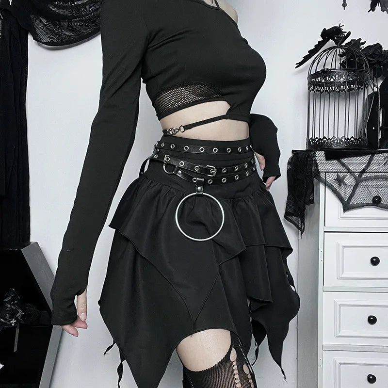 Summer Fashion Short Skirts New Sexy Women Gothic Punk Irregular Skirts Solid Color Drawstring Tie-Up Ruched Ruffles Mini Skirt
