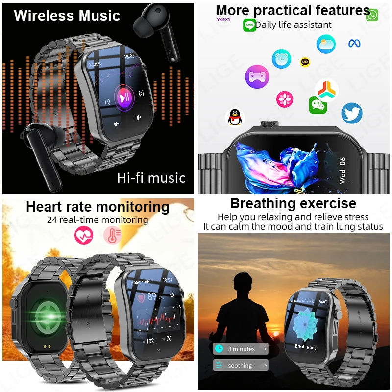 LIGE New 2.2-inch 3D Curved Screen Smart Watch With LED Light Thermometer Health Monitor Smartwatch BT Call Sports Fitness Watch