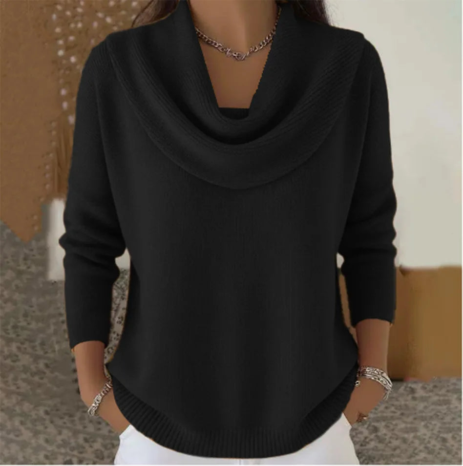 Women's New Draped Neck Pullover Sweater, Simple & Elegant Round Neck Knit Top, Suitable for Spring, Autumn and Winter