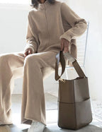 Women's Beige Oversized Knit Two-Piece Set with Half-Zip Sweater And Wide-Leg Pants Casual Loungewear
