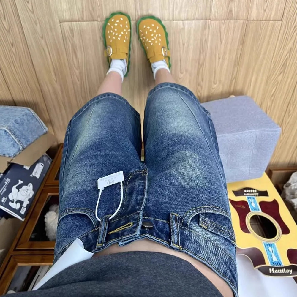 Spicy Girl Retro American Five-Point Denim Shorts Women Summer New Loose Design Slim Straight Leg Wide Leg Medium Pants