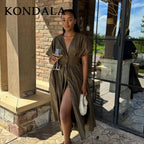 KONDALA 2026 Spring Summer Vintage Women Dress Fashion Single Breasted Sashes Draped V Neck Sleeveless Chic Brown Ladies Dresses