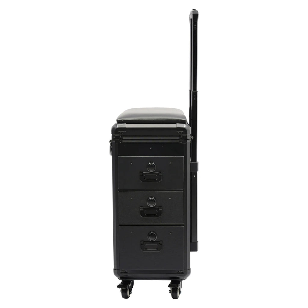 Rolling Makeup Train Case w/Tattoo Armrest Stand,Beauty Trolley Case with 3 Drawers, 4 Universal Wheels, and Combination Lock