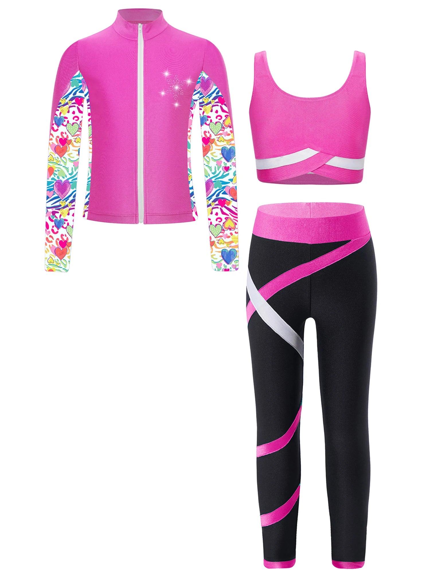 3Pcs Kids Girls Skating Athletic Fitness Workout Tracksuit Sleeveless Vest Top +Pants with Long Sleeve Zipper Sweatshirt Gym Set