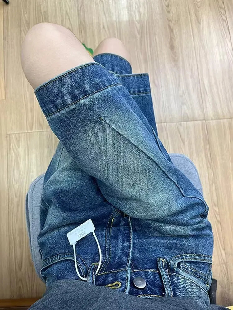 Spicy Girl Retro American Five-Point Denim Shorts Women Summer New Loose Design Slim Straight Leg Wide Leg Medium Pants
