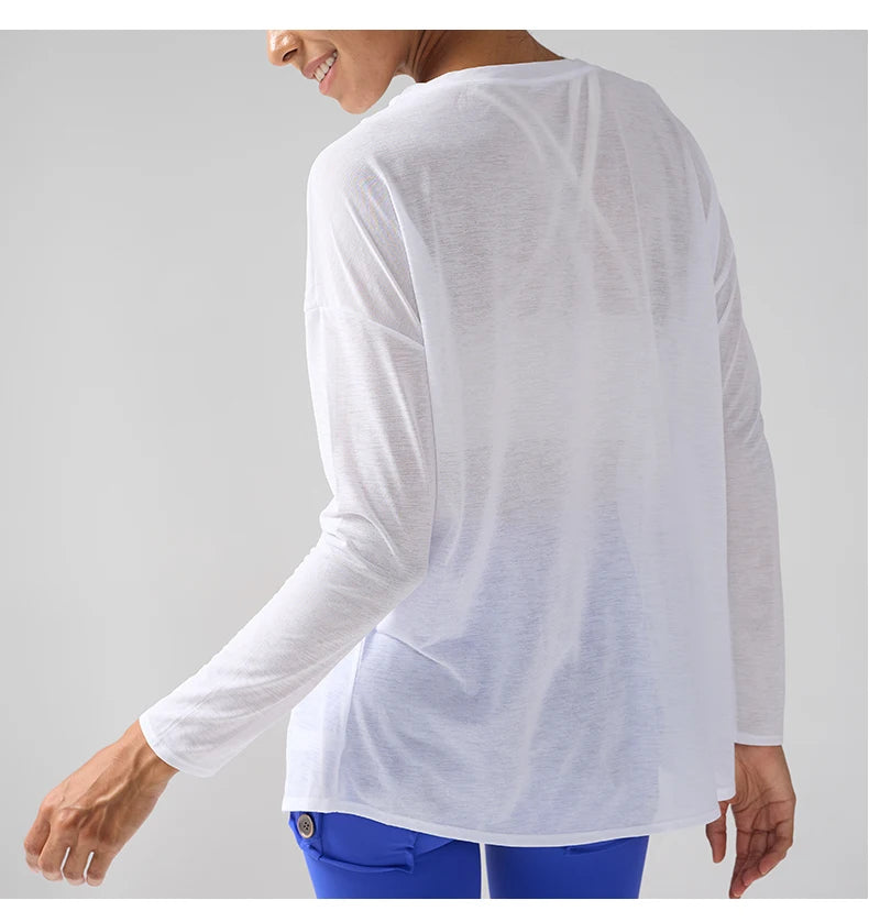 Fashion Women's Breathable Loose Quick Drying Long Sleeve Yoga Shirts Slimming Side Slits Leisure Running Fitness Cycling Tops
