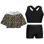 3Pcs Girls Sports Set Vest+Hooded Crop Top+Shorts Sportswear Set for Child Dance Yoga Running Cycling Workout Costume Activewear