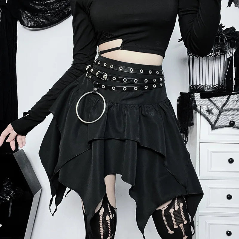 Summer Fashion Short Skirts New Sexy Women Gothic Punk Irregular Skirts Solid Color Drawstring Tie-Up Ruched Ruffles Mini Skirt Main image