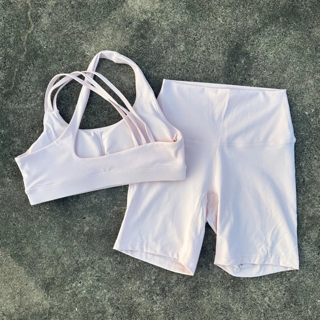 Solid Color High Waist Gym Yoga Short Legging Set Tight Women Cross Back High Impact Shoulder Strap Fitness Bra Top Sportwear
