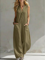 Jumpsuits women 2026 rompers Double-pocket casual linen cotton sleeveless long jumpsuits women's clothing
