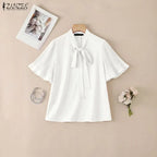 2026 ZANZEA Elegant Summer Blouse Women Stand Neck Short Sleeve Tops Stylish Solid OL Work Shirt Casual Lace-Up Holiday Tunic