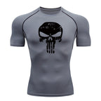 Skull Print Compression Shirts for Men Gym Workout Running Tshirts Sporty Athletic Quick Dry Tees Tops Short Sleeve Rash Guard