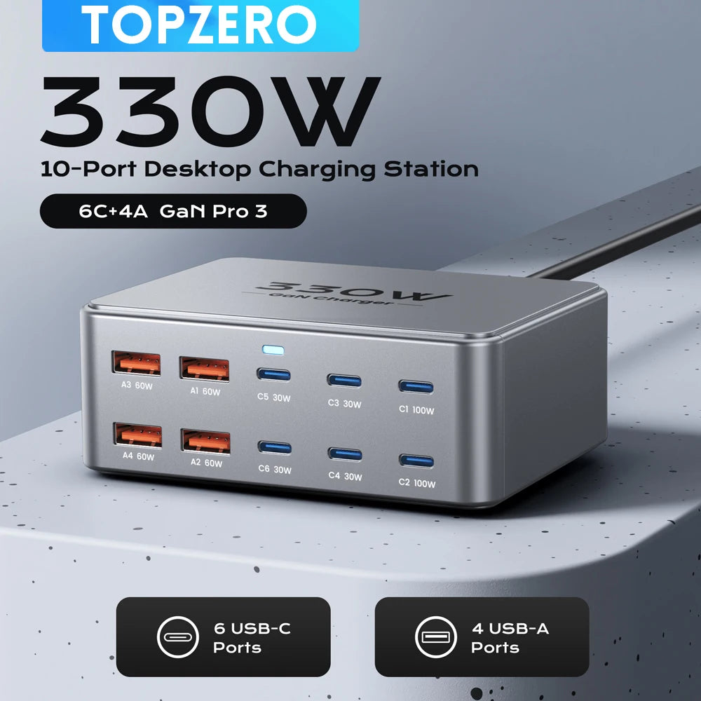 330W USB C GaN Charger 100W PD3.0 PPS QC3.0 Multiport Fast Charging Station For Laptop iPhone 15 16 Samsung Macbook Pro Tablet Main image