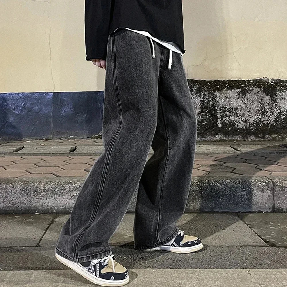 Fashion Men's Solid Color Drape Jeans Loose Straight Korean Vintage High Street Hip-hop Y2K Casual Daily Dragging Wide-leg Pants Main image
