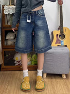 Spicy Girl Retro American Five-Point Denim Shorts Women Summer New Loose Design Slim Straight Leg Wide Leg Medium Pants