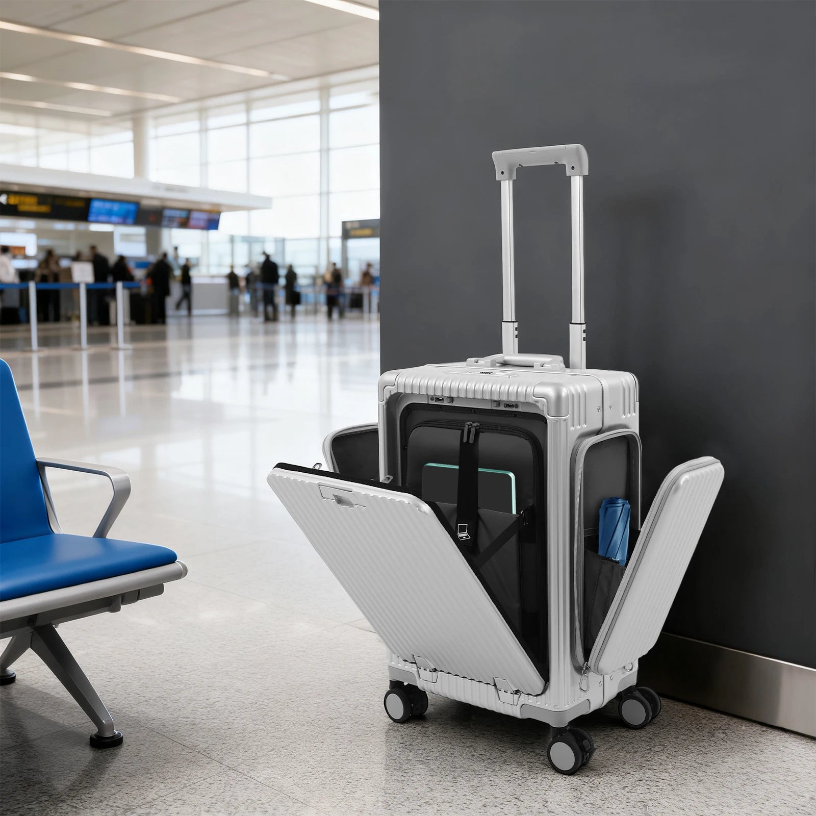 Modern 20in PC Luggage Suitcase Aluminum Alloy Hard Shell Travel Suitcase with 4 Wheels 3-open Structure for Trips Main image