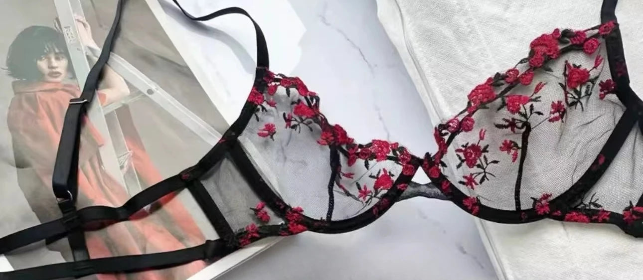 YUQI French Luxury Lingerie Set - Sexy Floral Embroidery Black Bra & Panty Set, Sheer Transparent Seductive Women's Intimates