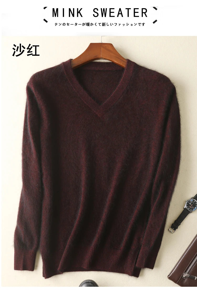 LHZSYY Men's 100% Mink Cashmere Large Size Sweaters Autumn Winter Solid V-neck Casual Knit Pullovers Men Long Sleeve Warm Jumper
