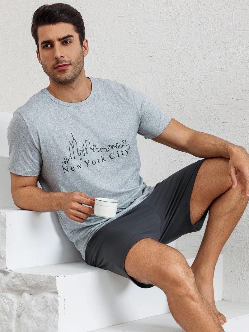 Men's Stylish Pajama 2Pcs Set Satin Short Sleeve And Plaid Shorts Comfortable Soft Sleepware Loungewear Can Be Worn Outside Pjs