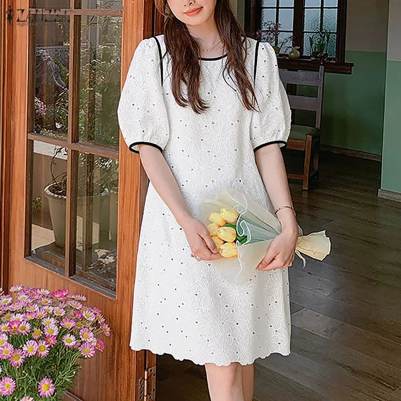 ZANZEA Summer Women's Openwork Embroidered Dresses O-Neck Half Puff Sleeve Contrast-Trim Knee-Length Dress Casual A-Line Robes