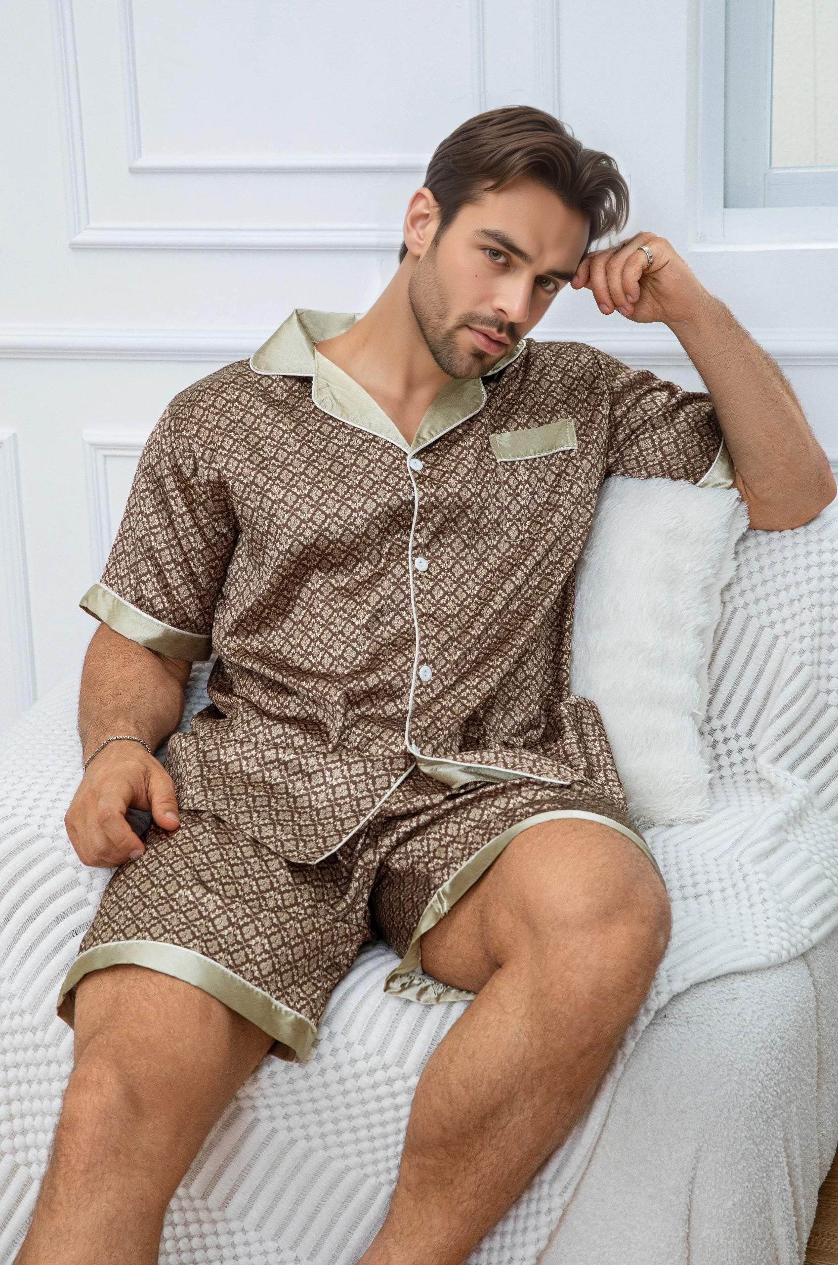 Men's Vintage Print Satin Pajama Set, Short Sleeve Button-Down Shirt & Shorts, Casual Loungewear Set Pajamas for Men Pijama Main image