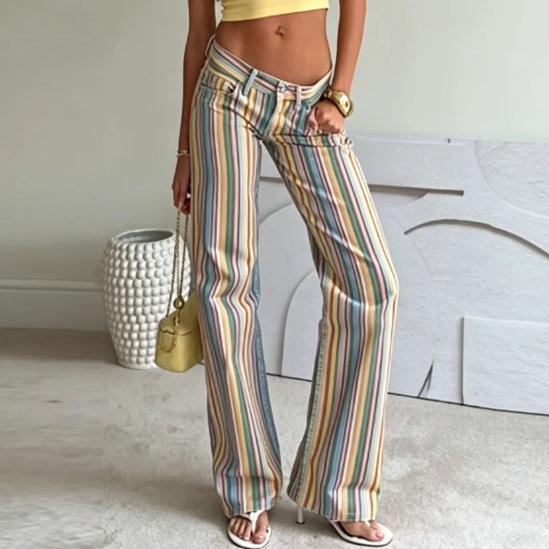 HXAO Rainbow Striped Jeans Women's Pants Spring 2026 Casual Straight Leg Mid-Waisted Trousers Fashion Streetwear Pants For Women