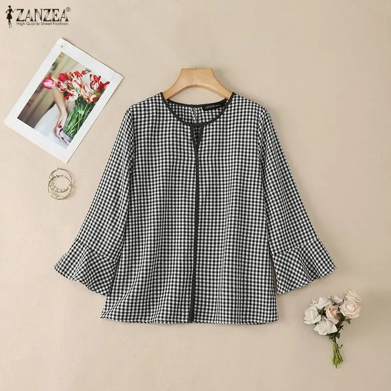 ZANZEA Women Summer Plaid Patchwork Blouse 3/4 Flare Sleeve Cut Out Tops Casual Loose Shirt Retro Chemise Female Work Blusas