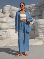 Plus Size Casual Loose Two-Piece Set Wide Leg Pants Long Sleeve Shirt Light Beige Street Style Elegant Quality Polyester Summ...