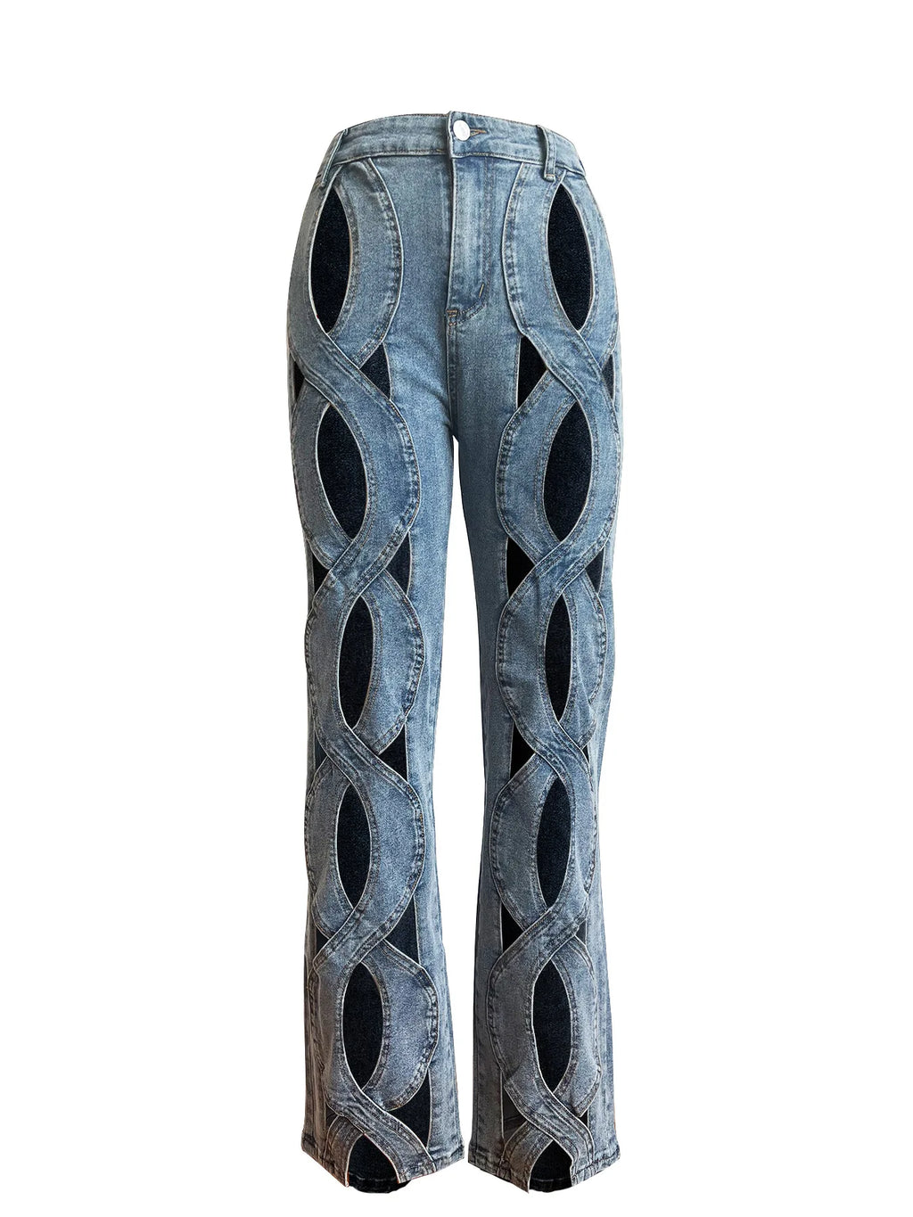 CM.YAYA Women Vintage Cutout Hollow Out Criss Cross Straight Denim Pants 2024 Fashion INS High Waist Wide Leg Jeans Trousers