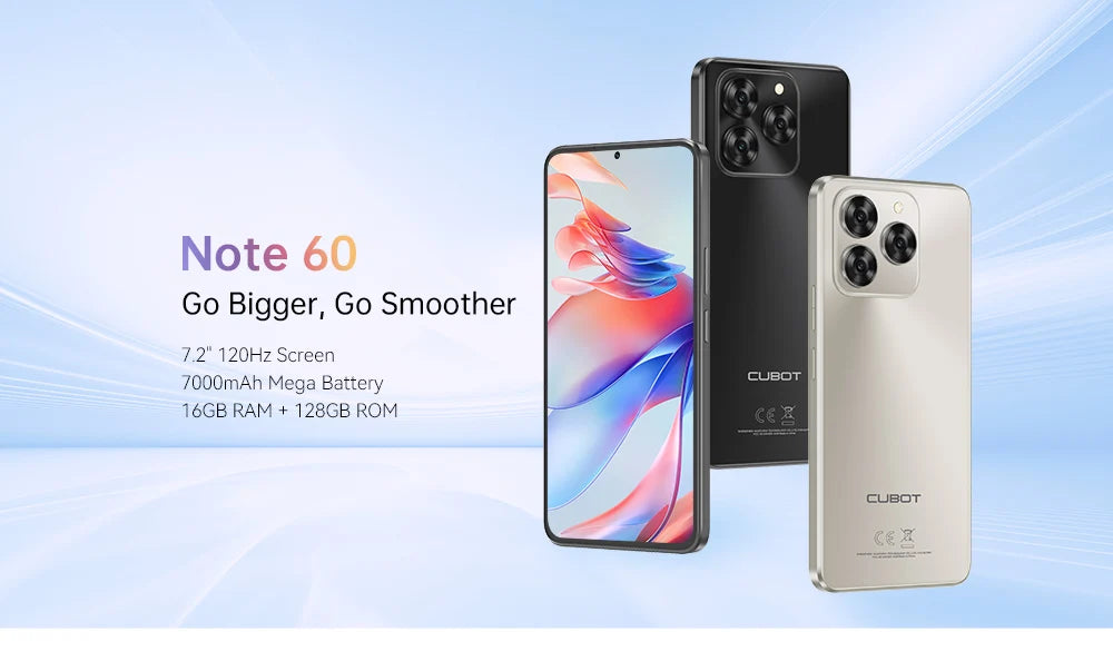 Cubot Note 60 Smartphone, Android 15, 7.2-inch 120Hz Display, Octa-core,16GB(6+10GB )RAM 128GB ROM, 48MP Camera, 7000mAh Battery