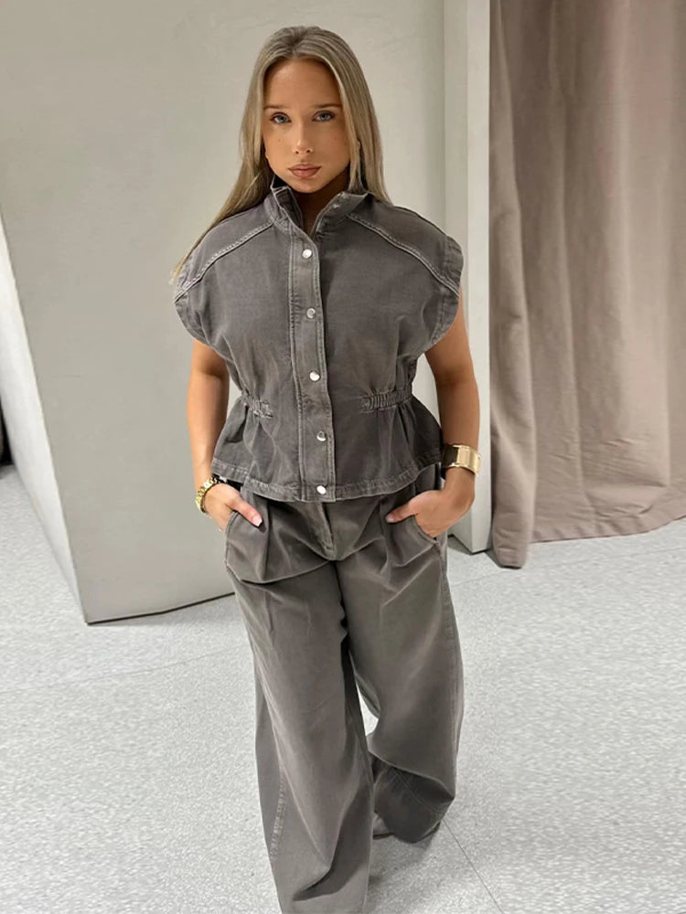 Denim Vest Loose Long Pants Woman Set High Neck Single Breasted Waist Cinched Tops High Waist Trousers Chic Casual Lady New Sets