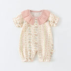 2026 Summer Baby Bodysuit Floral Print Cotton Peter Pan Collar Puff Sleeve Romper for Girls Soft Breathable Outfit