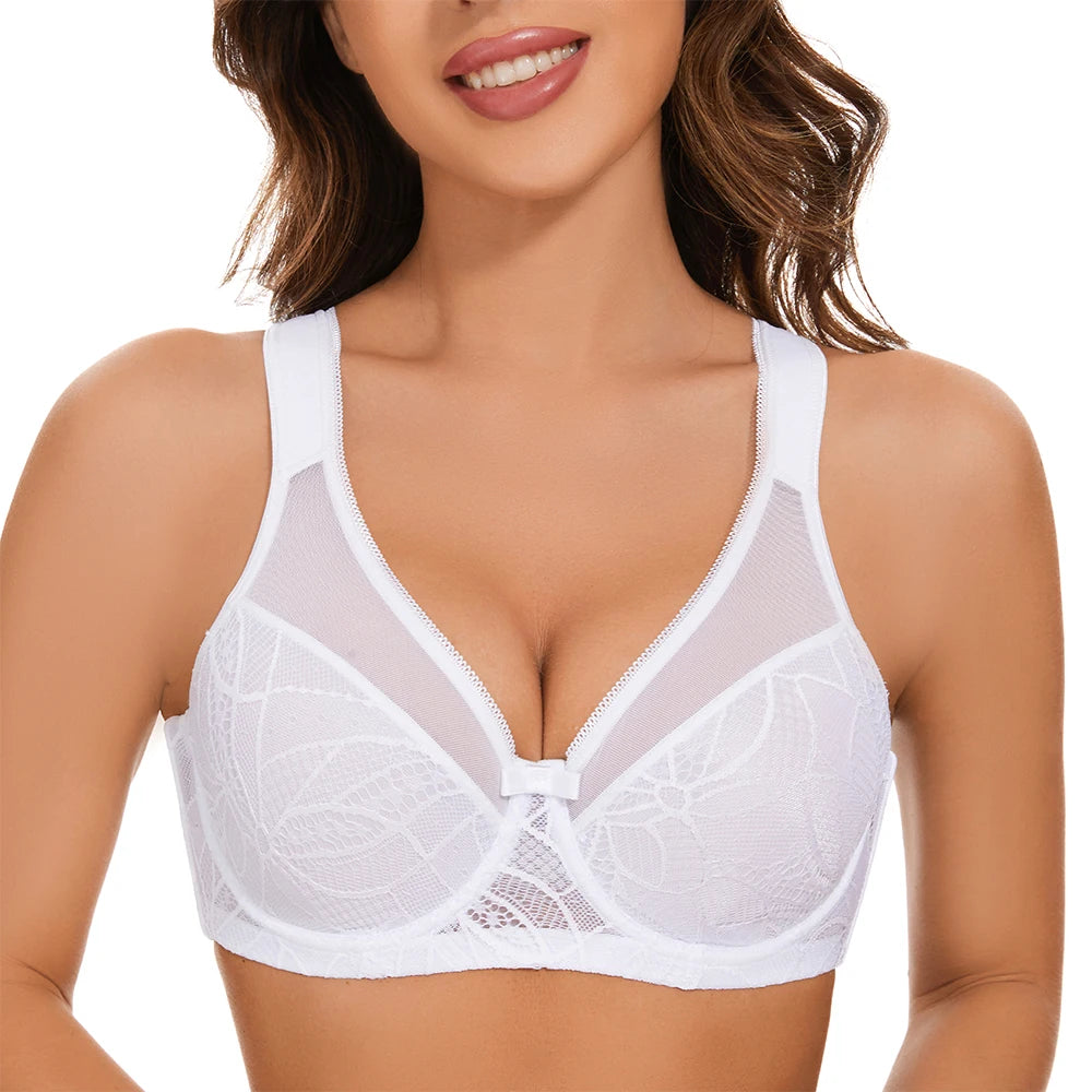 Sheroine Plus Size Women's Lace Floral Minimizer Bra, Underwire Full Coverage Unpadded Bras for Women Lifting Support Comfort