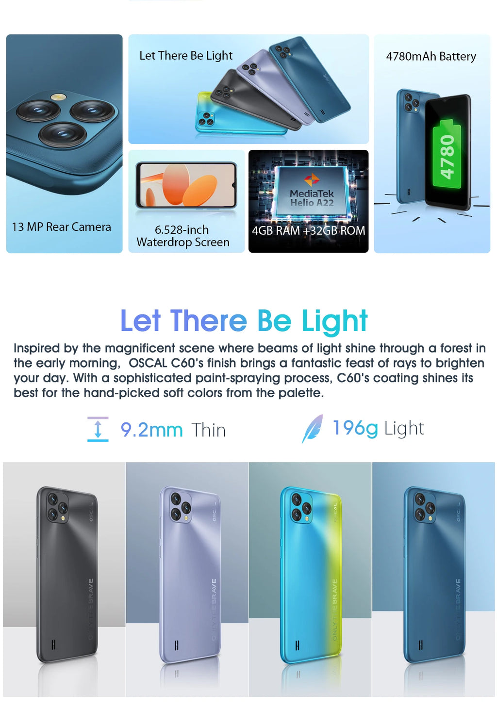 BLACKVIEW 2022 New Oscal C60 Smartphone 6.528 Inch 4GB+32GB 4780mAh 13MP + 5MP Camera Android 11 Mobile Phone With 3 Card Slots