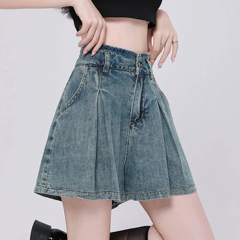 Korean Casual High Waisted Pleated Denim Shorts For Women Spring Summer Baggy Jeans Shorts Y2k  A-Line Wide Leg Jeans Main image