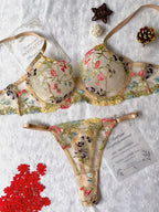 Yimunancy Floral Embroidery Lingerie Set Women Sheer 2-Piece Boho Bra + Panty Underwear Set Intimates