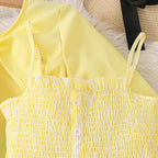 Kid Girl Long Sleeve Bow Design Coat & Beige All Print Shirred-Bodice Sling Dress Set Cute Sweet Elegant Princess Dress For Kids