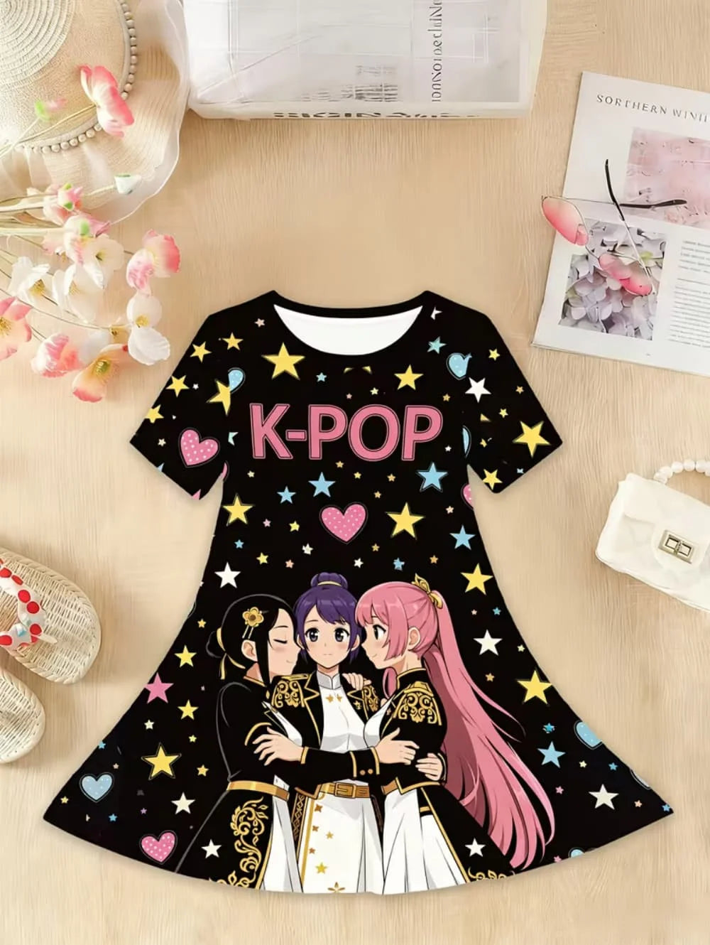 Kpop Cartoon Graphic Dress for Girls Funny Gift for Fan Harajuku Girl Clothes Summer Tops Short Sleeve Dress Children's Clothing