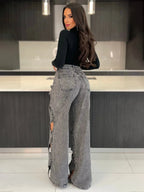 CM.YAYA Women Vintage Cutout Hollow Out Criss Cross Straight Denim Pants 2024 Fashion INS High Waist Wide Leg Jeans Trousers