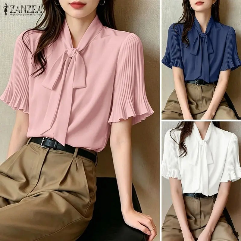 2026 ZANZEA Elegant Summer Blouse Women Stand Neck Short Sleeve Tops Stylish Solid OL Work Shirt Casual Lace-Up Holiday Tunic