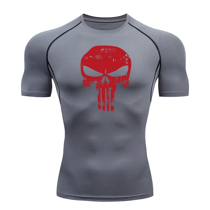 Skull Print Compression Shirts for Men Gym Workout Running Tshirts Sporty Athletic Quick Dry Tees Tops Short Sleeve Rash Guard