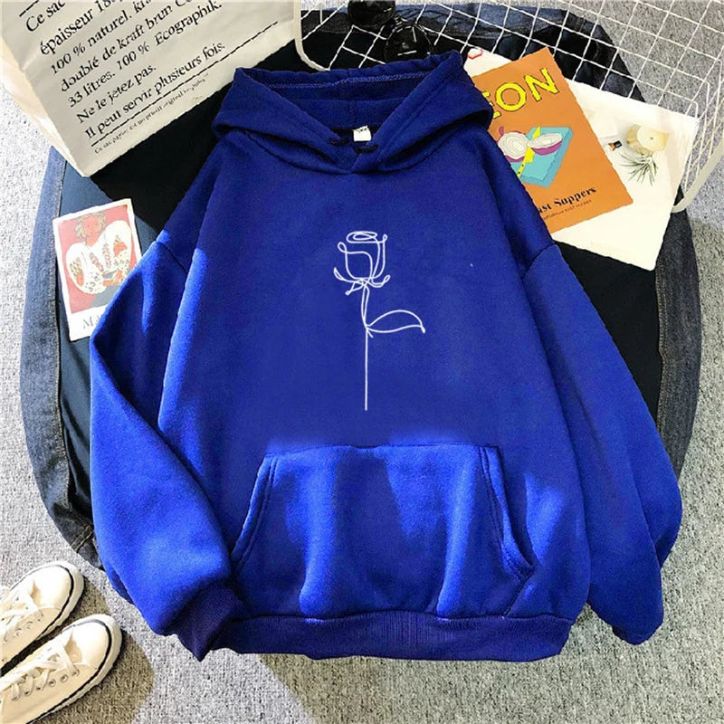 2024 Autumn Winter Hoodies Sportwear Women's Hoodie Pullover Sweatshirt Stylish Flower Print With Thick Long Sleeves Tops Loose