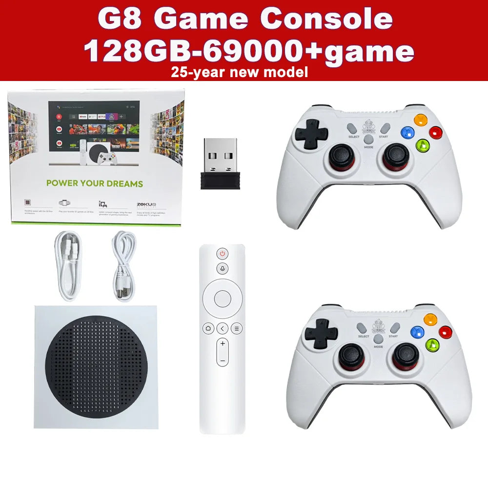 home gaming consoles G7,G8 8K 3D, supports two players, 60000 classic retro arcade games, includes 2.4G wireless controllers.