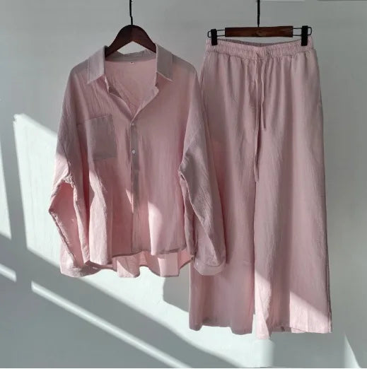 Plus Size Casual Loose Two-Piece Set Wide Leg Pants Long Sleeve Shirt Light Beige Street Style Elegant Quality Polyester Summ...
