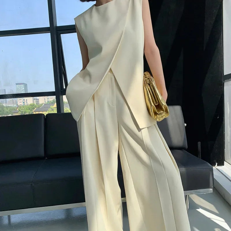 Beige two-piece suit women's summer 2024 new irregular fashion sleeveless vest top high waist wide-leg pants suit Main image