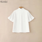 2026 ZANZEA Elegant Summer Blouse Women Stand Neck Short Sleeve Tops Stylish Solid OL Work Shirt Casual Lace-Up Holiday Tunic