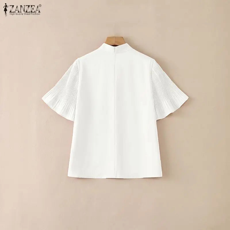 2026 ZANZEA Elegant Summer Blouse Women Stand Neck Short Sleeve Tops Stylish Solid OL Work Shirt Casual Lace-Up Holiday Tunic
