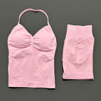 2 Pieces Sports Set Women Backless Halter Tops Fitness Tank Top High Waist Seamless High Stretch Shorts Gym Workout Sets